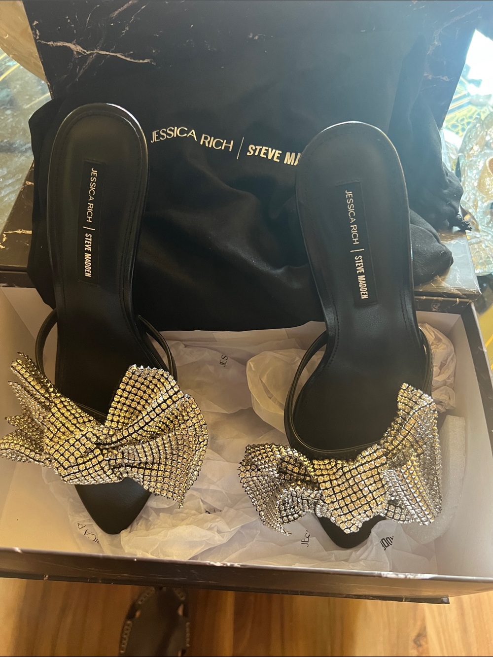 Steve Madden Black Slide Mules with Crystal Bow - Picture 3 of 5